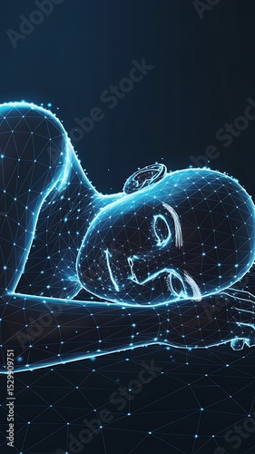 Digital representation of a sleeping person with a network of blue lines and glowing dots on dark background