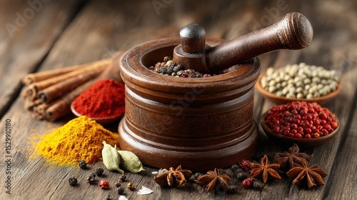 Fototapeta Naklejka Na Ścianę i Meble -  Wooden spice grinder and various spices on a rustic wooden surface.