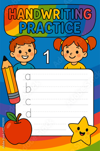 A colorful handwriting practice worksheet for kids, featuring two cheerful children, a boy with a pencil and a girl with pigtails. The page includes a practice section with letters on lined paper, dec