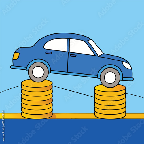 Yellow toy car with coins, a taxi icon and automobile transportation symbol illustration