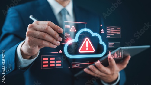 Businessman managing cloud data alert on digital tablet, representing a cybersecurity issue, system failure, or a critical data management situation.