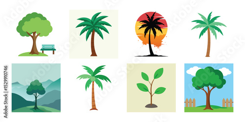 set of palm trees on white background