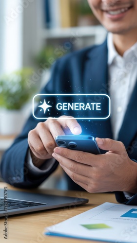 Businessman pressing generate button on smartphone screen for prompt generation.