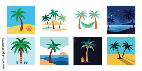 set of palm trees on white background