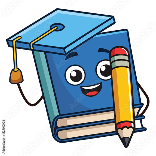 Back to school education concept featuring a cartoon graduate student with a cap, diploma, and books, illustrating academic success and the journey of learning