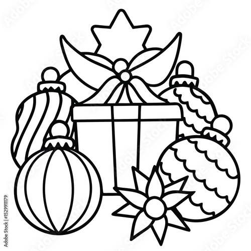 A suitable and easy-to-understand sentence for naming this image could be:
Christmas gift box with floral decorations and vintage cartoon elements