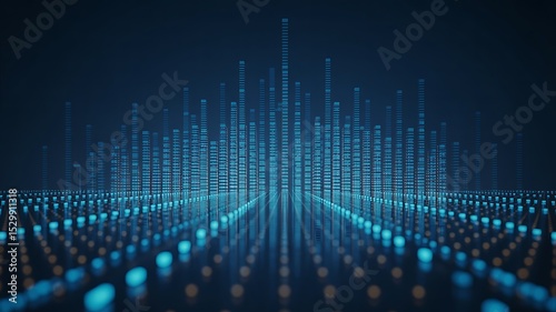 A digital landscape with blue glowing pillars and grid lines forming a futuristic cityscape view