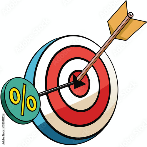 Dartboard bullseye with a successful arrow hitting the centre, representing accurate business goal achievement