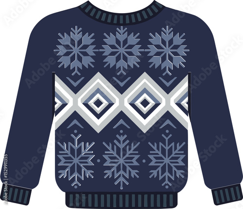 Cozy winter sweater with snowflake pattern in navy blue colors  