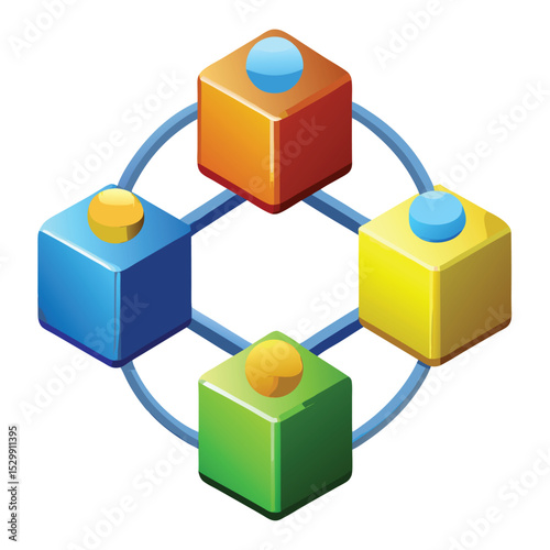 Colourful 3D network connections conceptualised as a group of interconnected blocks