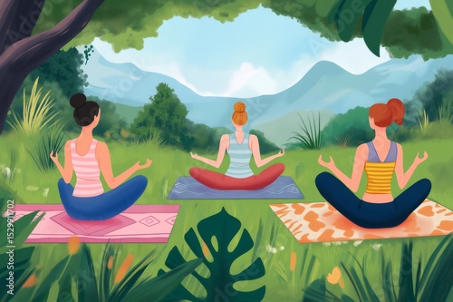 Three women practicing yoga in the lotus position, sitting on mats on a green meadow in front of a mountain landscape