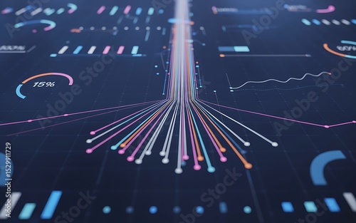 Abstract data visualization with colorful lines and charts on a dark blue background display screen