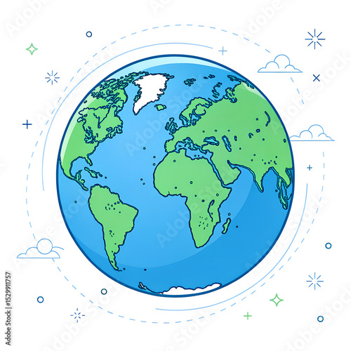 Minimalist Earth illustration on white background, clean lines, flat vector style.