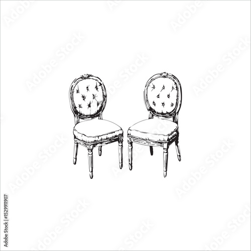 two soft chairs, set, black and white vector graphics
