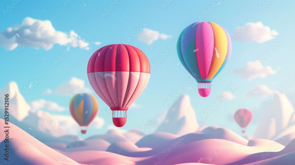 Fototapeta premium Colorful hot air balloons floating over pastel mountainscape. Clouds dot the light blue sky