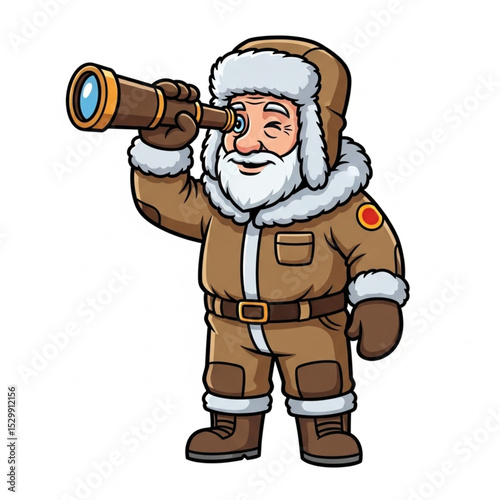 Cartoon Senior Polar Explorer with Telescope Vector Illustration