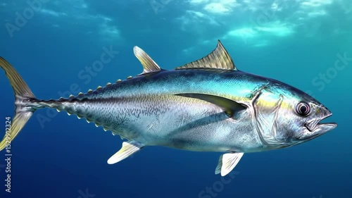 Large tuna swimming gracefully through clear blue ocean water sun rays pierce through