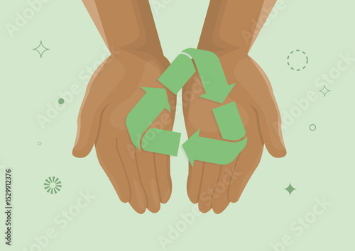 Hands holding green recycling symbol. Environmental care sustainability concept with protective gesture. World clean up day. Waste management. Zero waste . Eco-friendly practices. Vector illustration