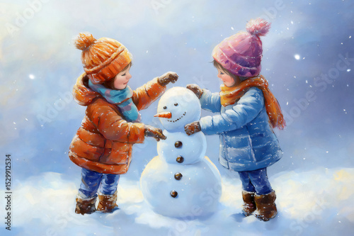 Two children building a snowman together in a snowy landscape, wearing warm winter clothes including puffer jackets, scarves, and hats