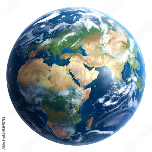 Photorealistic Earth floating on pure white background, highly detailed 3D rendering.