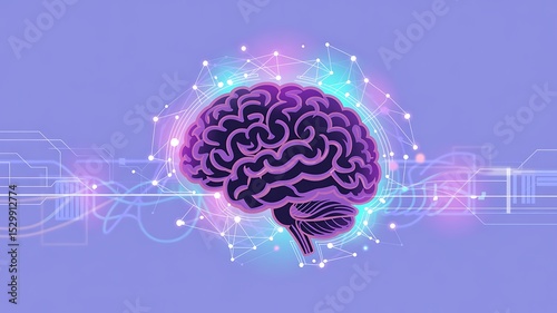 Illustration of a purple brain surrounded by glowing nodes and lines on a light purple background