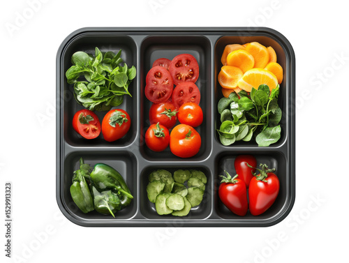 Colorful assortment of sliced vegetables in a divided food tray.