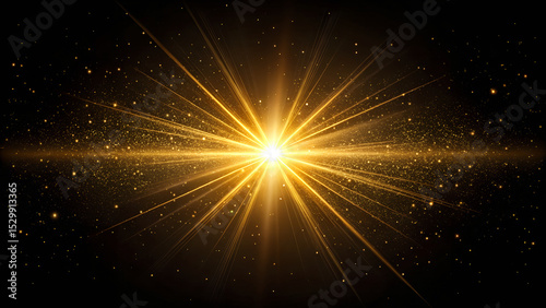Golden sun rays bursting through darkness, high-quality lens flare effect on deep black background.