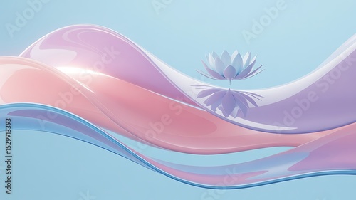 A pastel colored fabric wave with a white flower and reflection on a light blue background