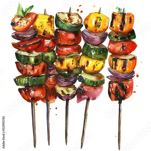 Grilled Vegetables Skewers Feast, watercolor illustration vector, isolated on a white background.