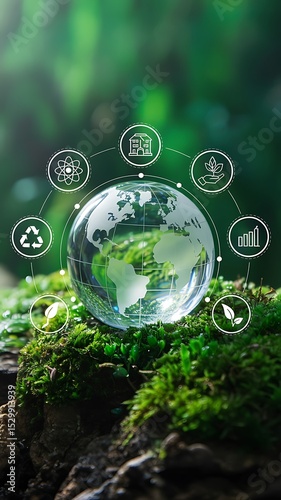 A glass globe surrounded by ecology icons on mossy surface with a blurred green background view