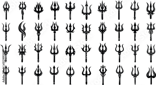 Collection of black and white illustrations of various trident designs with religious and spiritual symbolism