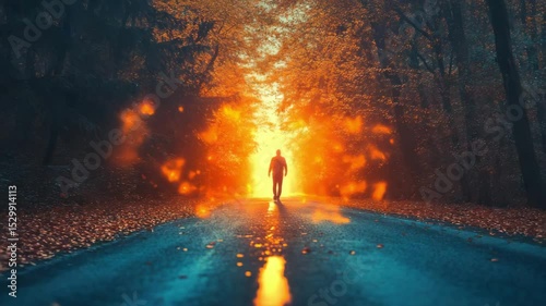 Mysterious person walking through flames in a dramatic, surreal forest landscape
