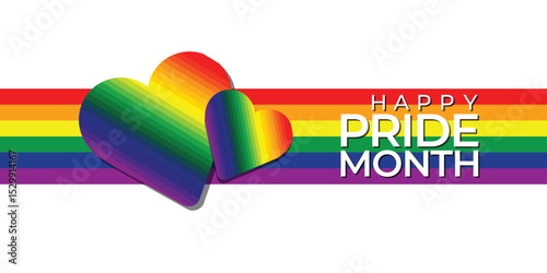 Pride Month Banner with Rainbow Striped Background in LGBTQ Pride Flag Colours. Colorful Pride Month Text on Rainbow Pattern Background