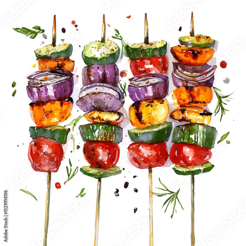 watercolor vector of Grilled Vegetables Skewers Feast, isolated on a white background.