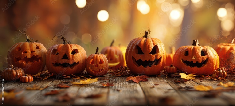 Fototapeta premium The colorful display of Halloween pumpkins on a rustic wooden table.