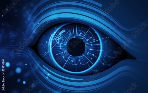 A digital eye with blue glowing circuit patterns and lines on a dark blue background design art