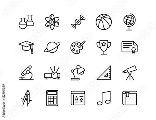 School Vector Icon Set | Adjustable Line Weight | Chemistry, science, math, art, sports, books, award, globe, education, learning, microscope, astronomy, projector, tools icons