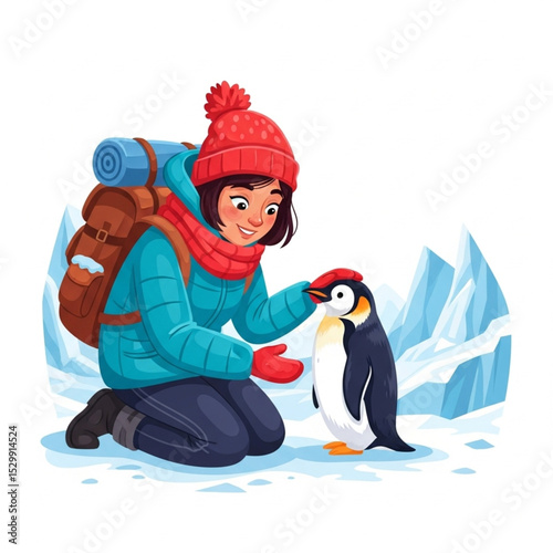  Traveler Cartoon Character Petting Polar Penguin – Arctic Exploration Vector Illustration