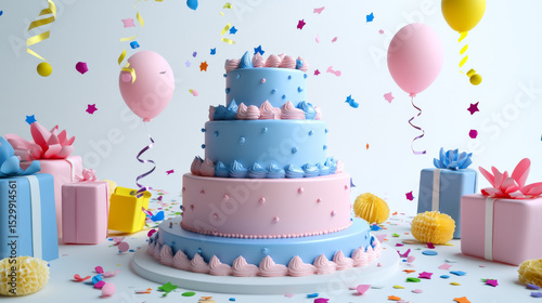 A 3D card-style image with a three-tier blue and pink cake surrounded by multicolored presents, confetti, ribbons, and desserts on a white background. 