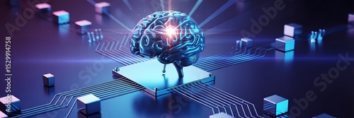 A metallic brain on a platform with circuitry and cubes in a blue and purple color scheme with a bright light