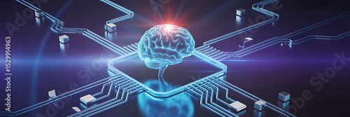 Glowing brain connected to circuit board with blue light and red light on top of the brain center
