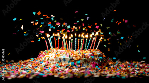 A birthday cake covered in confetti, topped with candles, ready for a festive celebration.