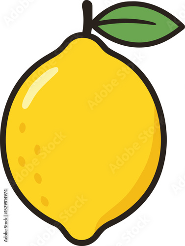 Bright yellow lemon cartoon with green leaf and stem, fresh citrus fruit illustration
