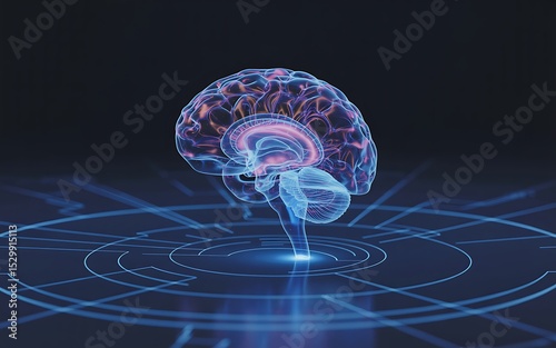 A digital brain illustration with glowing blue lines and a dark background and circular patterns