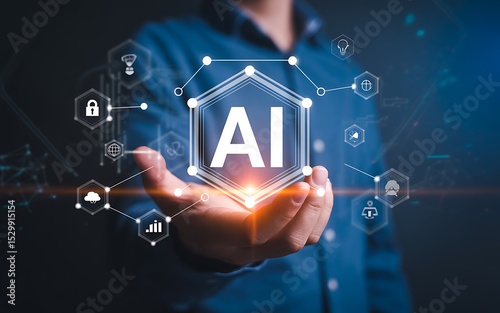 A person holding a glowing ai hexagon with connected icons in a dark blue background studio shot