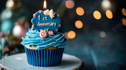 A blue and jade-toned cupcake with a candle and space for a logo replaces traditional rose decorations. 