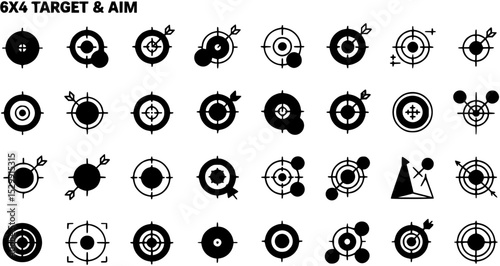 Target and aim icon set, crosshair, bullseye vector, precision, accuracy, and focus icon for aiming, archery, shooting, or navigation
