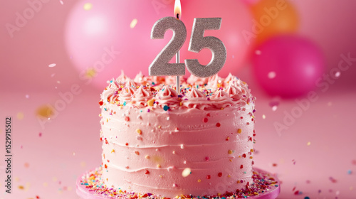 A bold pink birthday cake covered in metallic confetti, featuring a silver number 25 candle