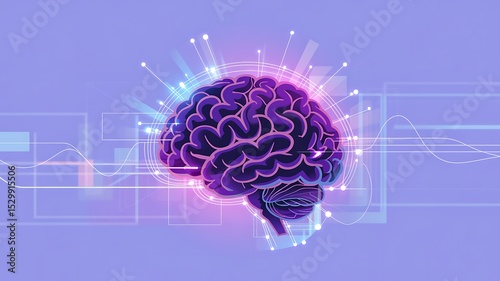 A purple brain with glowing connections and lines on a purple background with light effects around it