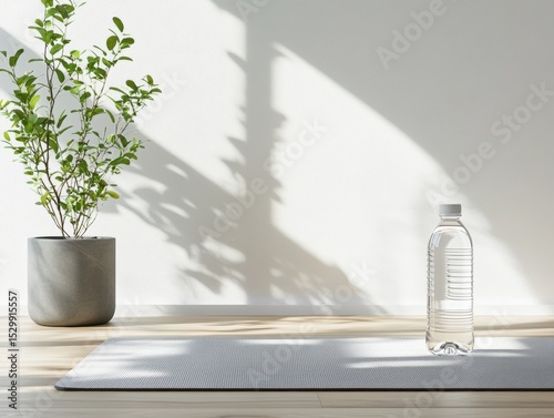 A tranquil interior scene with a plant and water bottle.